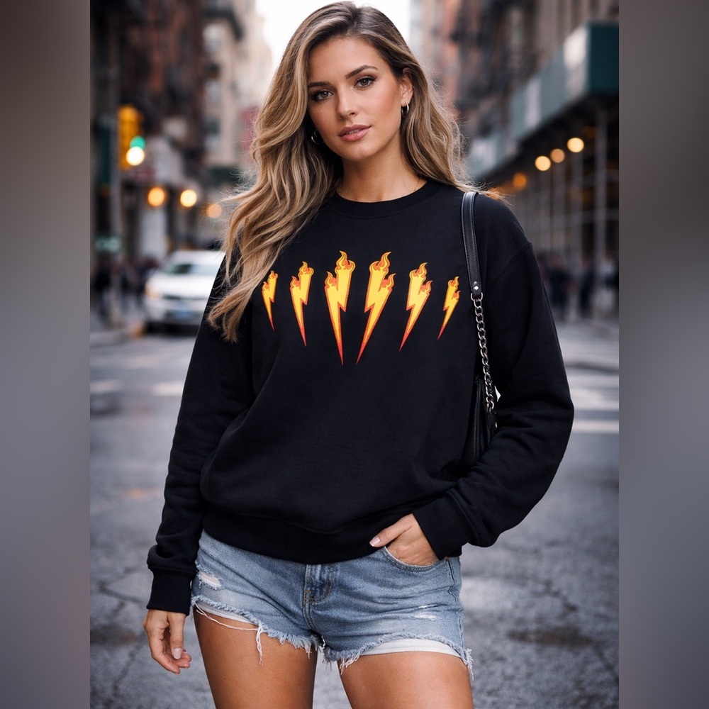 Black Neil Barrett crewneck featuring striking yellow lightning bolt graphic L